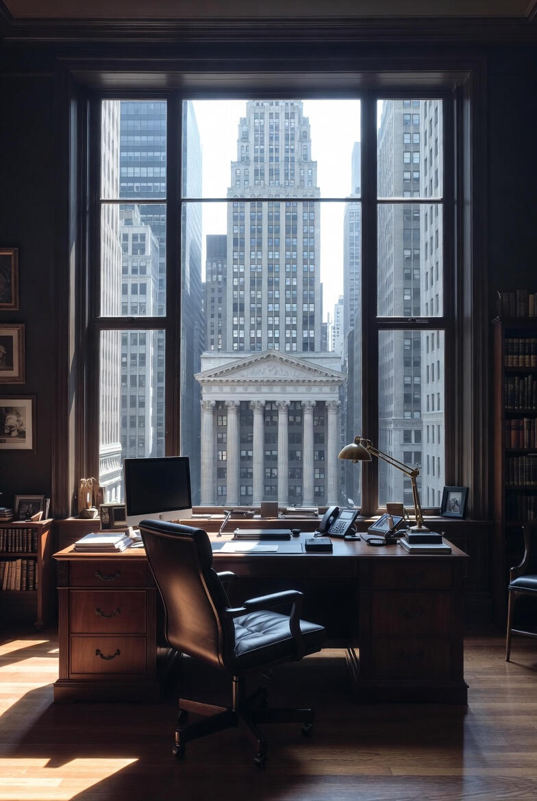 A large luxurious executive office in Wall Street with the Manhattan Skyline